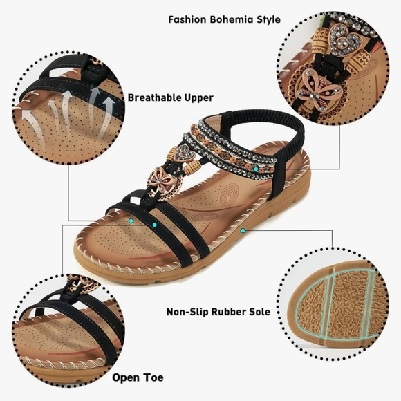 Boho Chic Black Embellished Sandals NWT - Picture 3 of 4